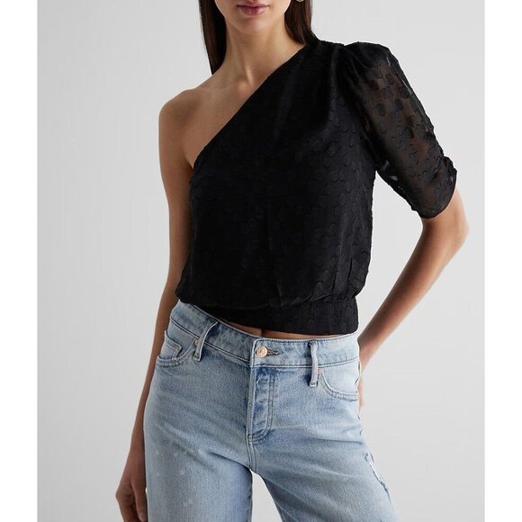 Express Women’s Polka Dot One Shoulder Banded Bottom Top Black Size XS NWT $68 - Picture 1 of 16